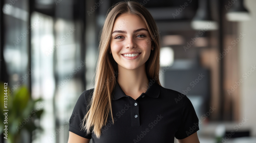 young woman with long hair smiles confidently in modern office setting, wearing black polo shirt. Her cheerful expression adds warmth to professional environment young woman with long hair smiles confidently in modern office setting, wearing black polo shirt. Her cheerful expression adds warmth to professional environment