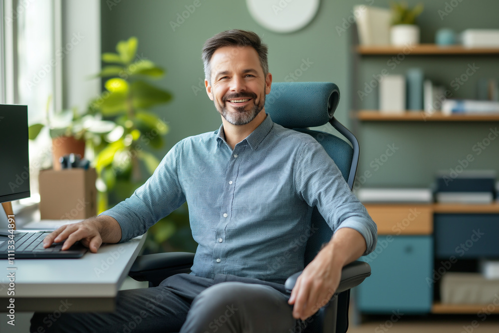 Smiling man in casual shirt working in a modern office environment. Generative AI Smiling man in casual shirt working in a modern office environment. Generative AI