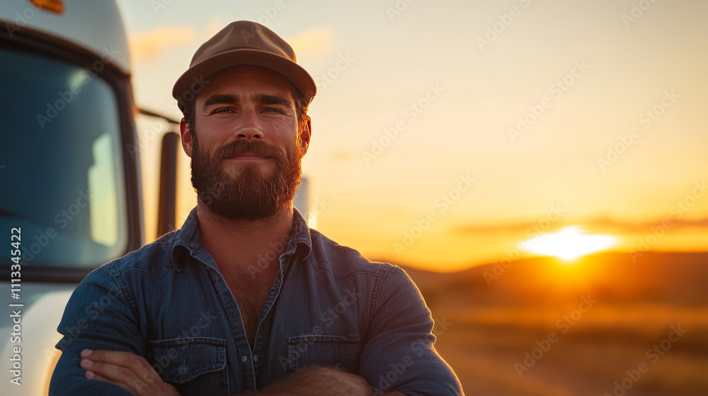 A young Caucasian man with a beard stands with his arms crossed in front of a large truck at sunset. A young Caucasian man with a beard stands with his arms crossed in front of a large truck at sunset.