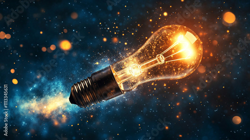 glowing light bulb shaped like a rocket launches upward symbolizing innovation creativity business growth success and forward thinking set against a vibrant gradient background photo