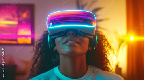 Young Black woman wearing a VR headset, experiencing immersive technology in a vibrant, colorful room.