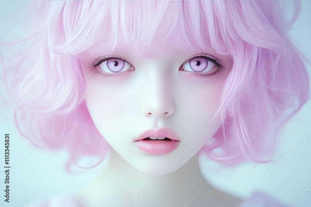 Ethereal Pink-Haired Woman with Striking Eyes in Soft Pastel Aesthetic Ethereal Pink-Haired Woman with Striking Eyes in Soft Pastel Aesthetic