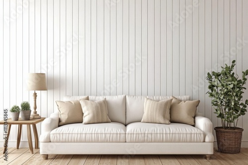 Modern Living Room with White Sofa, Wood Panels, Beige Pillows, Lamp, Potted Plants, Light Wood Floor. Minimalist Style