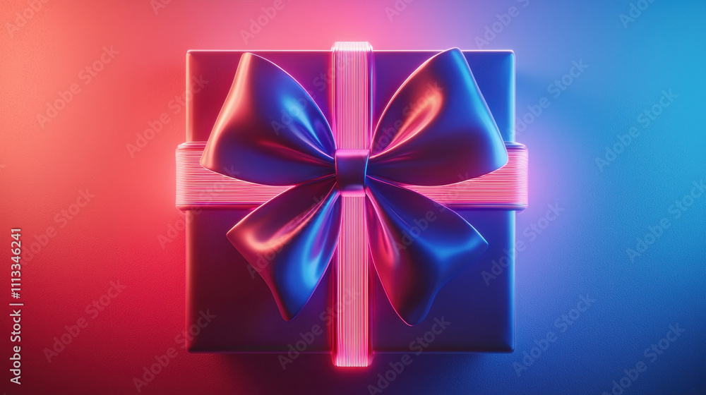vibrant 3D design of gift box with glossy bow, illuminated by neon lights, creating festive and joyful atmosphere vibrant 3D design of gift box with glossy bow, illuminated by neon lights, creating festive and joyful atmosphere