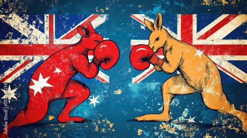 Two boxing kangaroos in red and yellow gloves against a textured background of Australian flags. photo