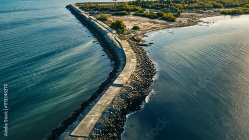 Aerial view of a coastline where massive flood defenses are being constructed, featuring concrete walls and levees stretching along the shore, designed to protect against rising sea levels.