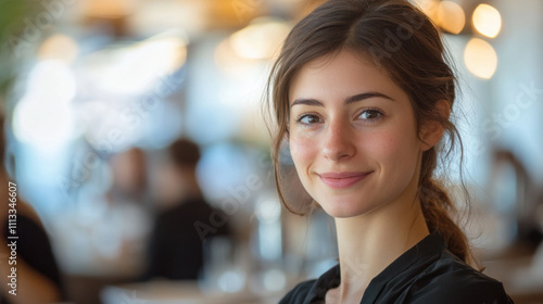 Free Download Attractive young woman smiling in restaurant setting, showcasing warmth and hospitality. ambiance is inviting with blurred background elements - GFXLoad