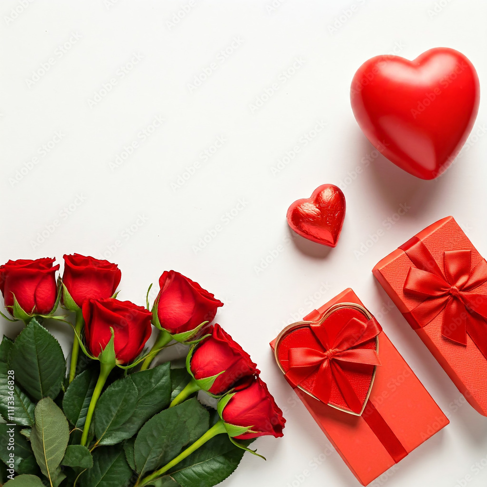 A romantic Valentine's Day setting featuring red roses, heart-shaped chocolates and gift box on light background. valentine day poster mockup. A romantic Valentine's Day setting featuring red roses, heart-shaped chocolates and gift box on light background. valentine day poster mockup.