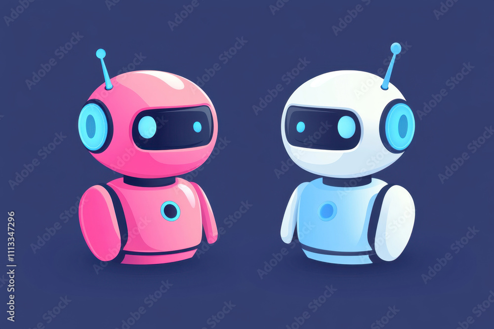 Cute pink and blue robots with antennas, showcasing friendly design. These playful characters represent technology and innovation in vibrant, modern style Cute pink and blue robots with antennas, showcasing friendly design. These playful characters represent technology and innovation in vibrant, modern style