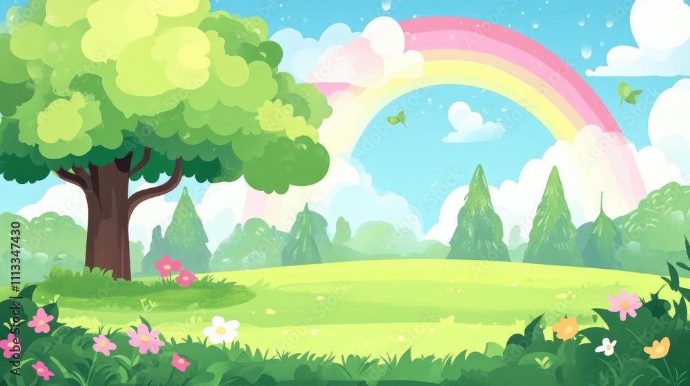 Naklejka premium Vibrant Cartoon Landscape with Rainbow, Greenery, and Blooming Flowers