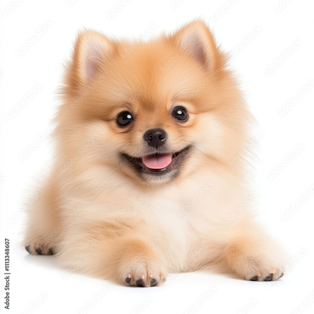 Fluffy Pomeranian puppy with joyful expression on white background Fluffy Pomeranian puppy with joyful expression on white background