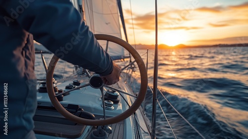 Sunset Sailing: A Man at the Helm of a Yacht, Golden Hour at Sea