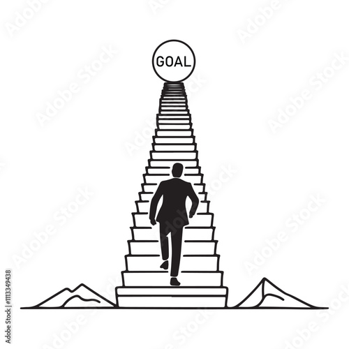 One continuous single drawing black line art doodle of a person ascending stairs labeled with success, motivational and symbolic