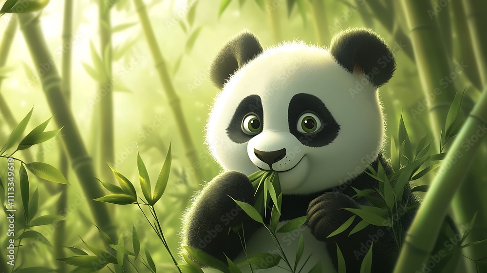 Adorable cartoon panda happily eating bamboo leaves in a lush green bamboo forest. Adorable cartoon panda happily eating bamboo leaves in a lush green bamboo forest.