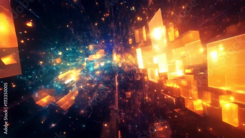  colorful abstract  of bright square lights and a cross. This painting is full of energy and excitement. The bright colors and moving shapes create a sense of movement.