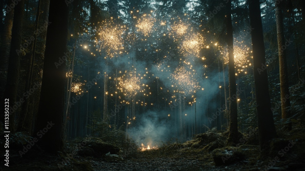 Enchanted Forest Scene with Sparkling Lights and Smoky Atmosphere Enchanted Forest Scene with Sparkling Lights and Smoky Atmosphere