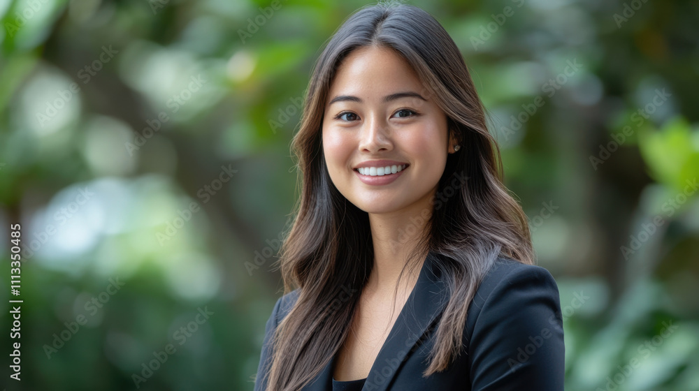 Professional female headshot with confident smile in natural setting. subject is wearing black blazer, showcasing polished and approachable demeanor Professional female headshot with confident smile in natural setting. subject is wearing black blazer, showcasing polished and approachable demeanor