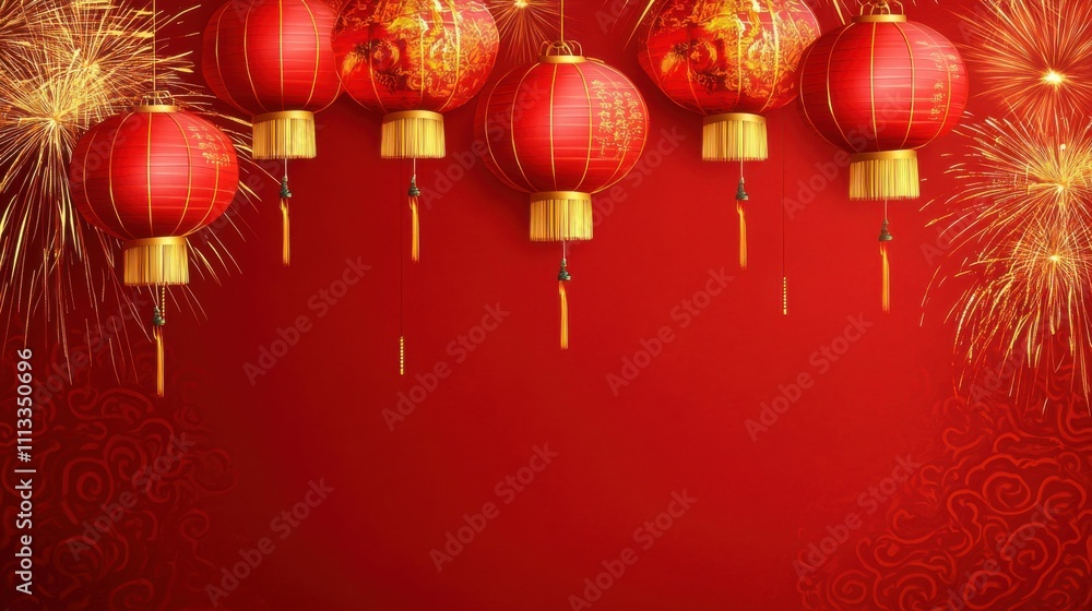 Festive Red Lanterns with Fireworks Over Bright Red Background Festive Red Lanterns with Fireworks Over Bright Red Background