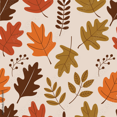 Create a seamless pattern inspired by autumn leaves, featuring a variety of leaf shapes like oak and fern in warm tones of orange, mustard yellow, and deep brown in vector