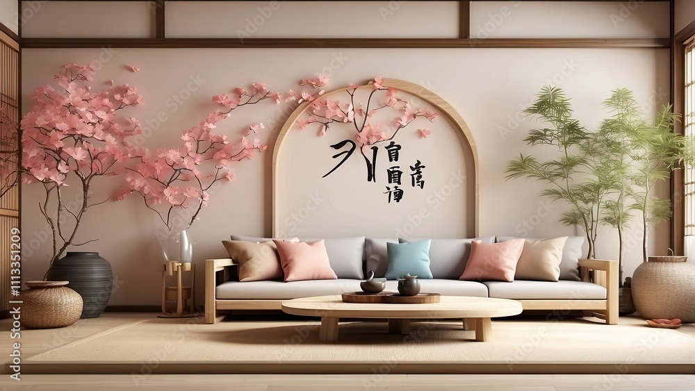 Japanese-style home interior, living room background wall mockup, 3D