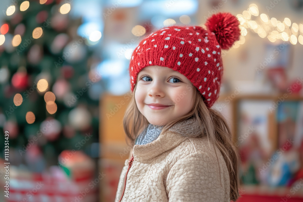 cheerful girl in red polka dot hat smiles warmly, surrounded by festive decorations and Christmas tree. joyful atmosphere captures spirit of holiday season cheerful girl in red polka dot hat smiles warmly, surrounded by festive decorations and Christmas tree. joyful atmosphere captures spirit of holiday season
