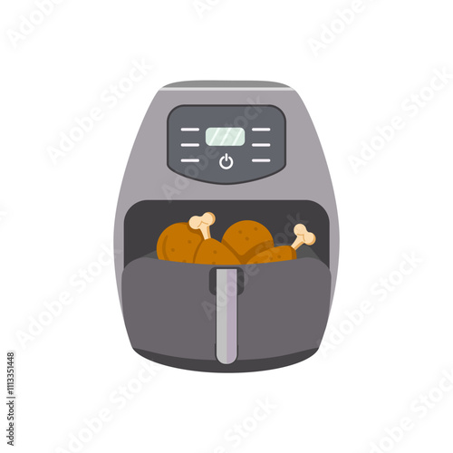 Chicken dishes cooked in the air fryer. Drumsticks vector illustration. Сooking process is complete.