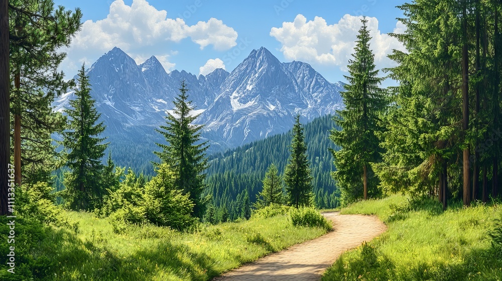 Forest Trail Leading to Mountains in Detailed Cartoon Style. AI generated illustration