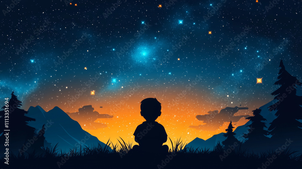 Silhouetted child gazes at a breathtaking night sky, filled with stars and a vibrant orange sunset. Peaceful and serene. Silhouetted child gazes at a breathtaking night sky, filled with stars and a vibrant orange sunset. Peaceful and serene.