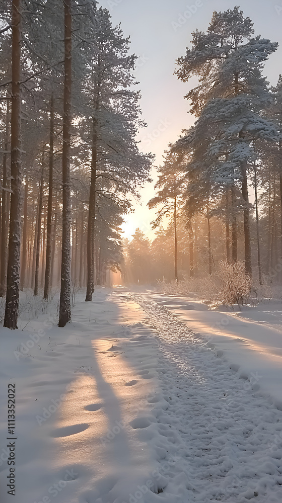 Serene Snowy Forest Path in Winter Sunlight Serene Snowy Forest Path in Winter Sunlight