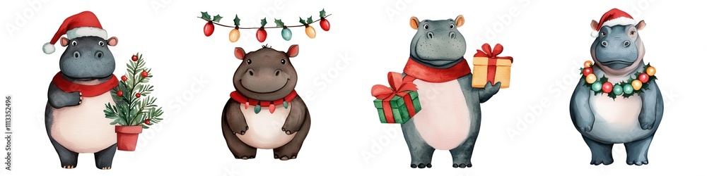 Naklejka premium Christmas hippopotamus, Watercolor, Clipart. Festive hippos celebrating Christmas with decorations and gifts.