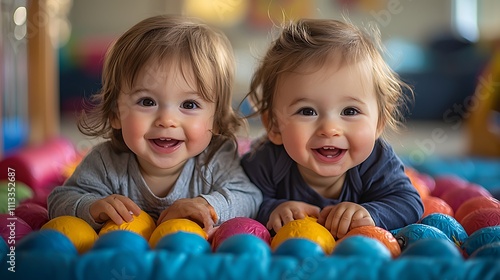 Two giggling toddlers, one boy and one girl, playing together on a soft play mat indoors, surrounded by colorful toys and soft furniture 