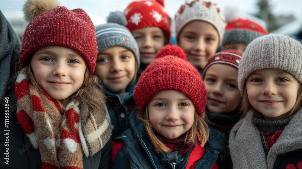 joyful group of children wearing colorful winter hats and scarves, smiling together in festive atmosphere. Their expressions radiate happiness and warmth joyful group of children wearing colorful winter hats and scarves, smiling together in festive atmosphere. Their expressions radiate happiness and warmth
