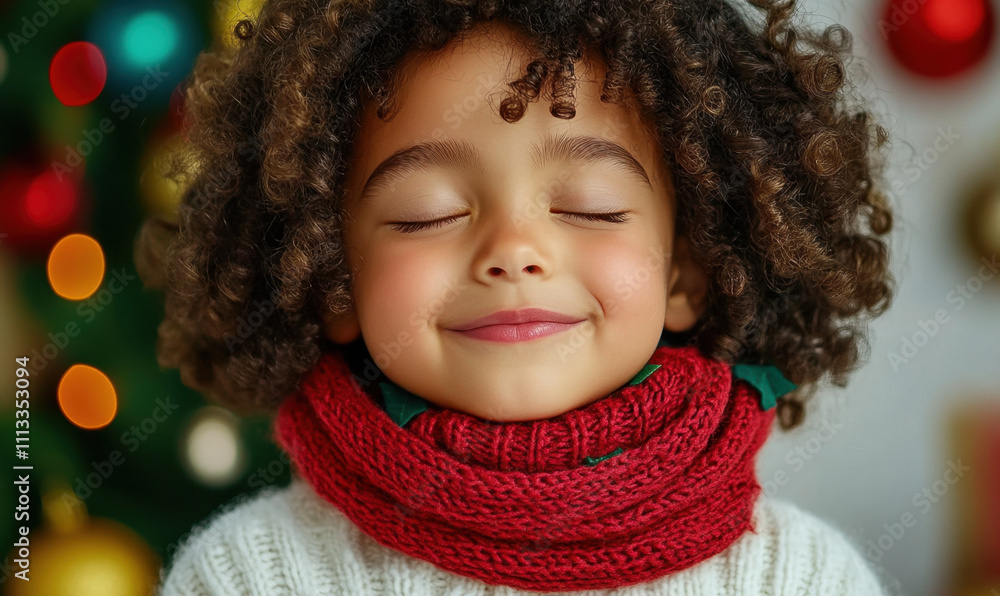 joyful little girl with curly hair smiles with her eyes closed, wearing cozy red scarf and white sweater, surrounded by festive decorations joyful little girl with curly hair smiles with her eyes closed, wearing cozy red scarf and white sweater, surrounded by festive decorations