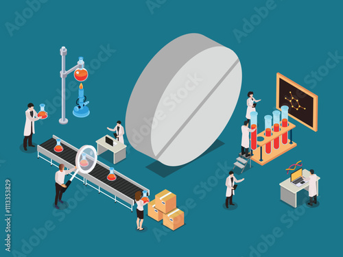 Pharmaceutical Research and Development with Scientists and Laboratory Equipment 3d isometric vector illustration