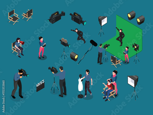 Film Production and Movie Making with Crew and Equipment 3d isometric vector illustration