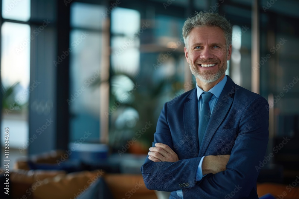 Fototapeta premium Confident mid aged CEO in office wearing blue suit smiling.