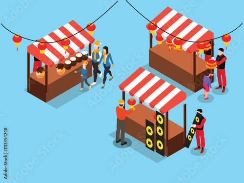 Traditional Market Stalls with Festive Lanterns 3d isometric vector illustration