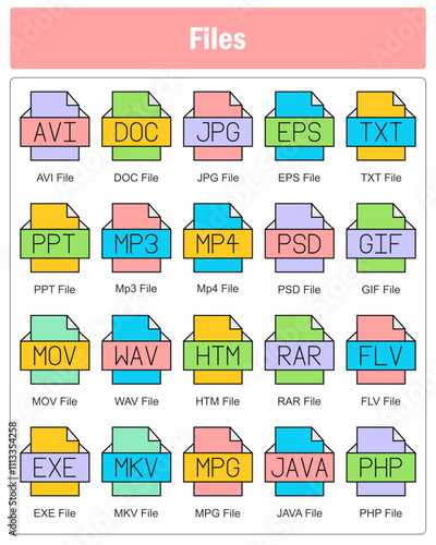 A set of 20 files icons as avi file, doc file, jpg file photo