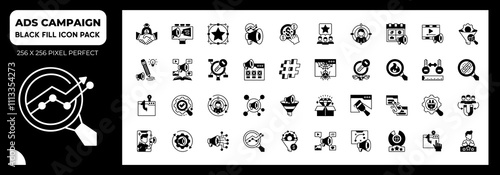 Black Fill icons pack about Ads Campaign. Contains such icons as branding,marketing, influencer and more.