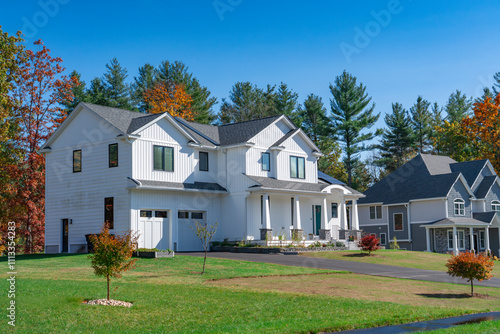 colorful autumn trees and new built luxury houses in residential area
