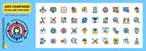 Filled Line icons Pack about Ads Campaign. Contains such icons as branding,marketing, influencer and more.