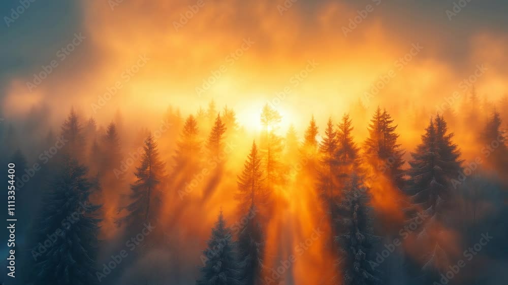 Forest with trees covered in fog and a sun shining through the trees. The sun is setting and the sky is orange Forest with trees covered in fog and a sun shining through the trees. The sun is setting and the sky is orange