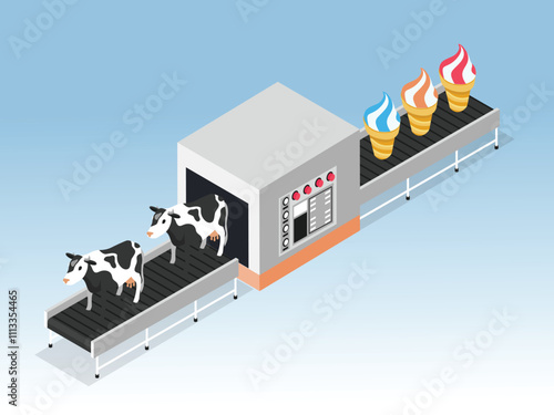 Milk Processing to Ice Cream on a Conveyor Belt 3d isometric vector illustration