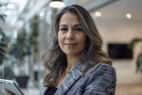 Latina CEO smiling with tablet in office.