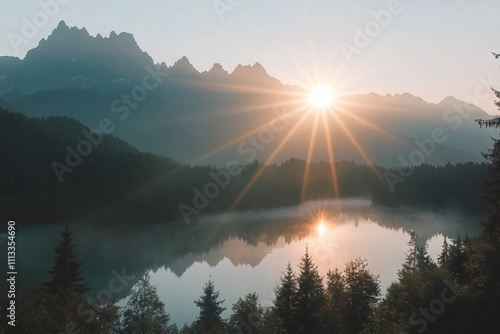 Sunrise Over Eibsee Lake with Majestic Mountains in the Background, AI generated illustration photo