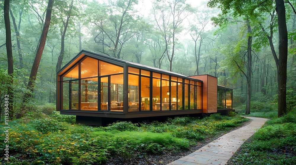 A sleek cabin nestled in the woods, featuring floor to ceiling windows that allow the natural light to flood the modern interior space, creating a warm and inviting atmosphere. A sleek cabin nestled in the woods, featuring floor to ceiling windows that allow the natural light to flood the modern interior space, creating a warm and inviting atmosphere.