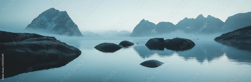 Rugged mountains of Lofoten with floating rocks on calm seas under clear daylight. AI generated illustration Rugged mountains of Lofoten with floating rocks on calm seas under clear daylight. AI generated illustration