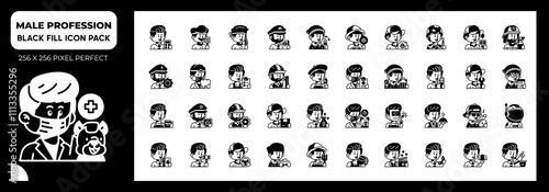 Male Profession Black Fill Icons Pack, Contain Such as Electrician, Archeologist, Architect, Gamer and More