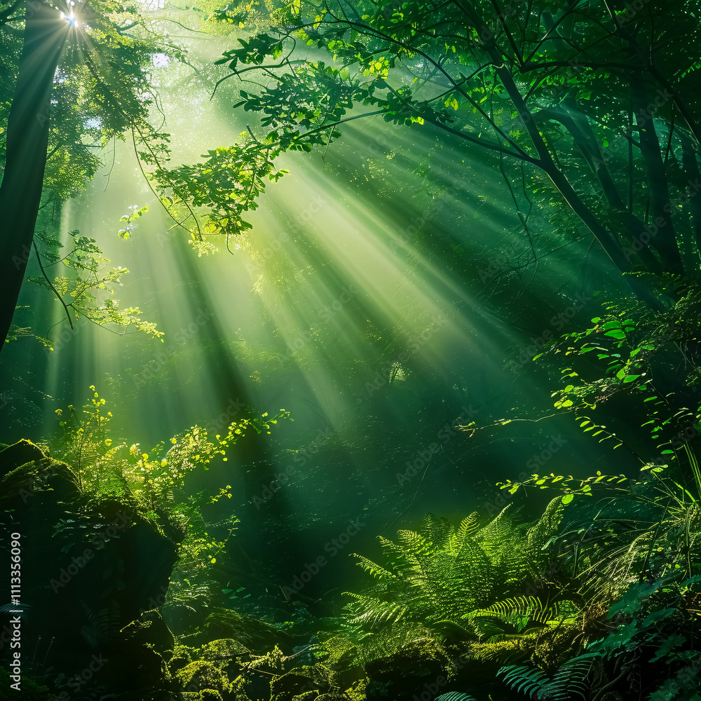 Sunlight in a Green Forest: Beautiful rays of sunlight filtering through a lush green forest, creating a serene and magical natural scene. Sunlight in a Green Forest: Beautiful rays of sunlight filtering through a lush green forest, creating a serene and magical natural scene.