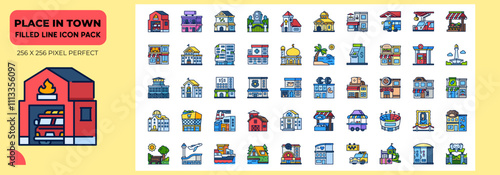 Place In Town Filled Line Icons Pack, Contain Such as Station, Fire Station, Zoo and More